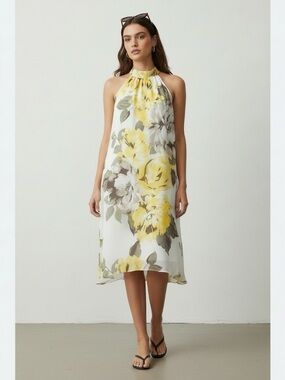 $79 Robbie Bee Women's Yellow Floral-Print Mock Neck Trapeze Dress Petite Sz 8P
